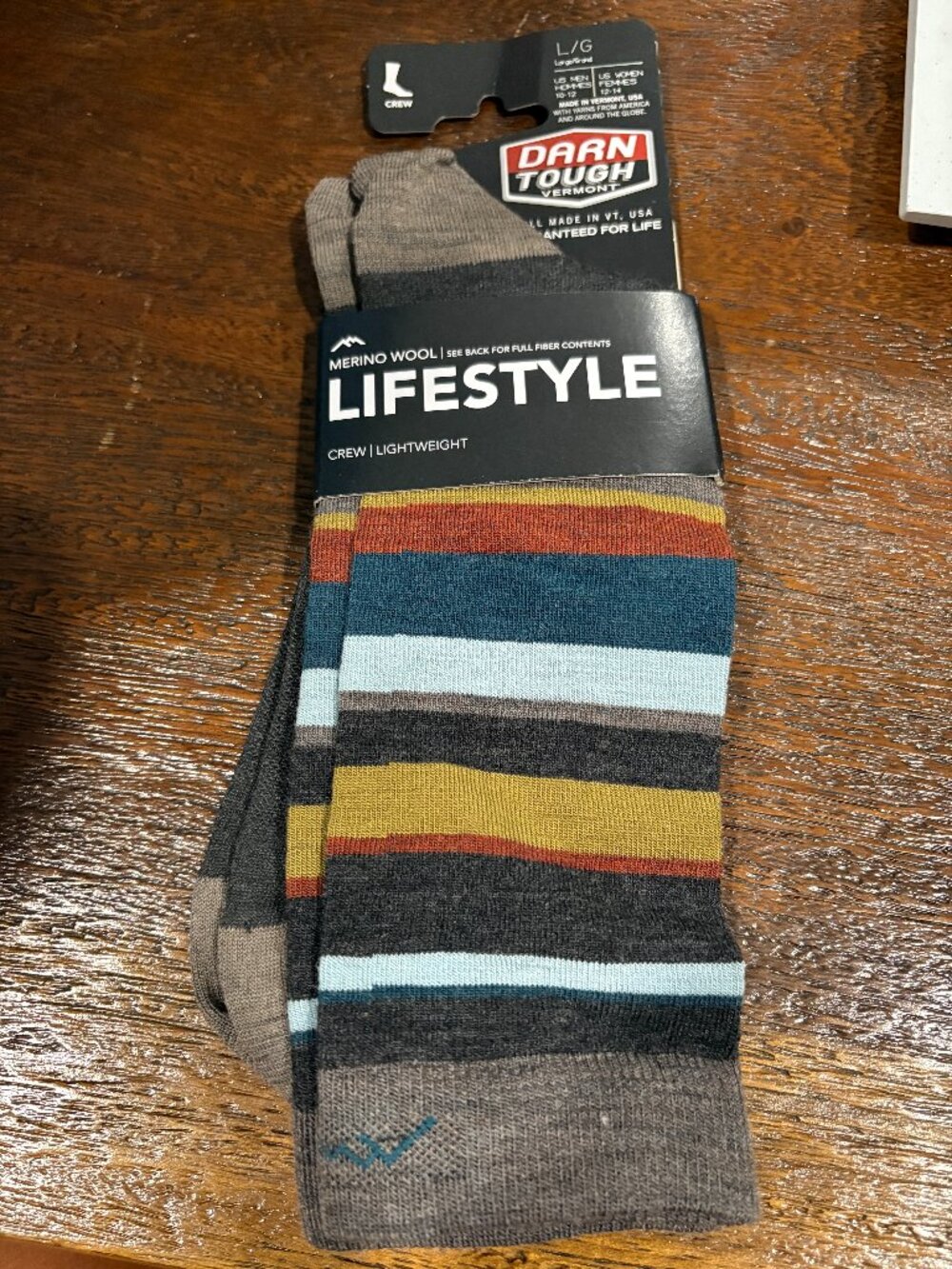Darn Tough Crew Lifestyle Merino Wool Socks sz Large L Gray Striped Lightweight